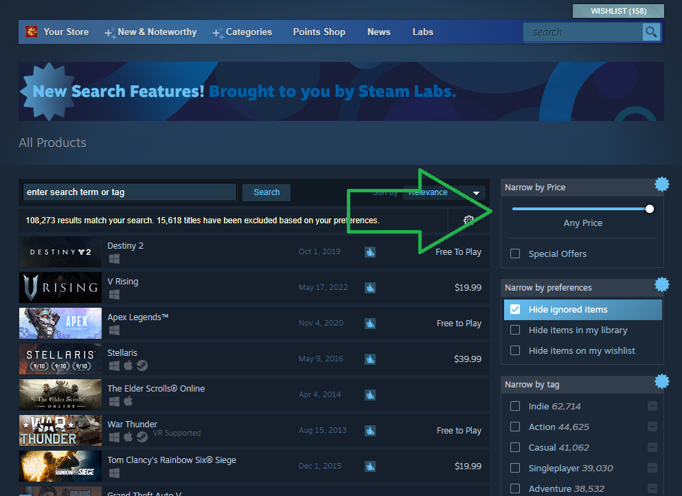 Narrow Price to Find Free Games on Steam
